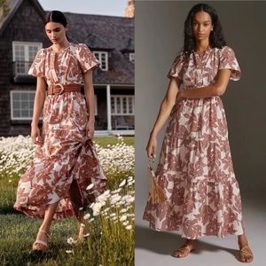 Anthropologie Somerset Maxi Dress Coral Leaf Print - Size M